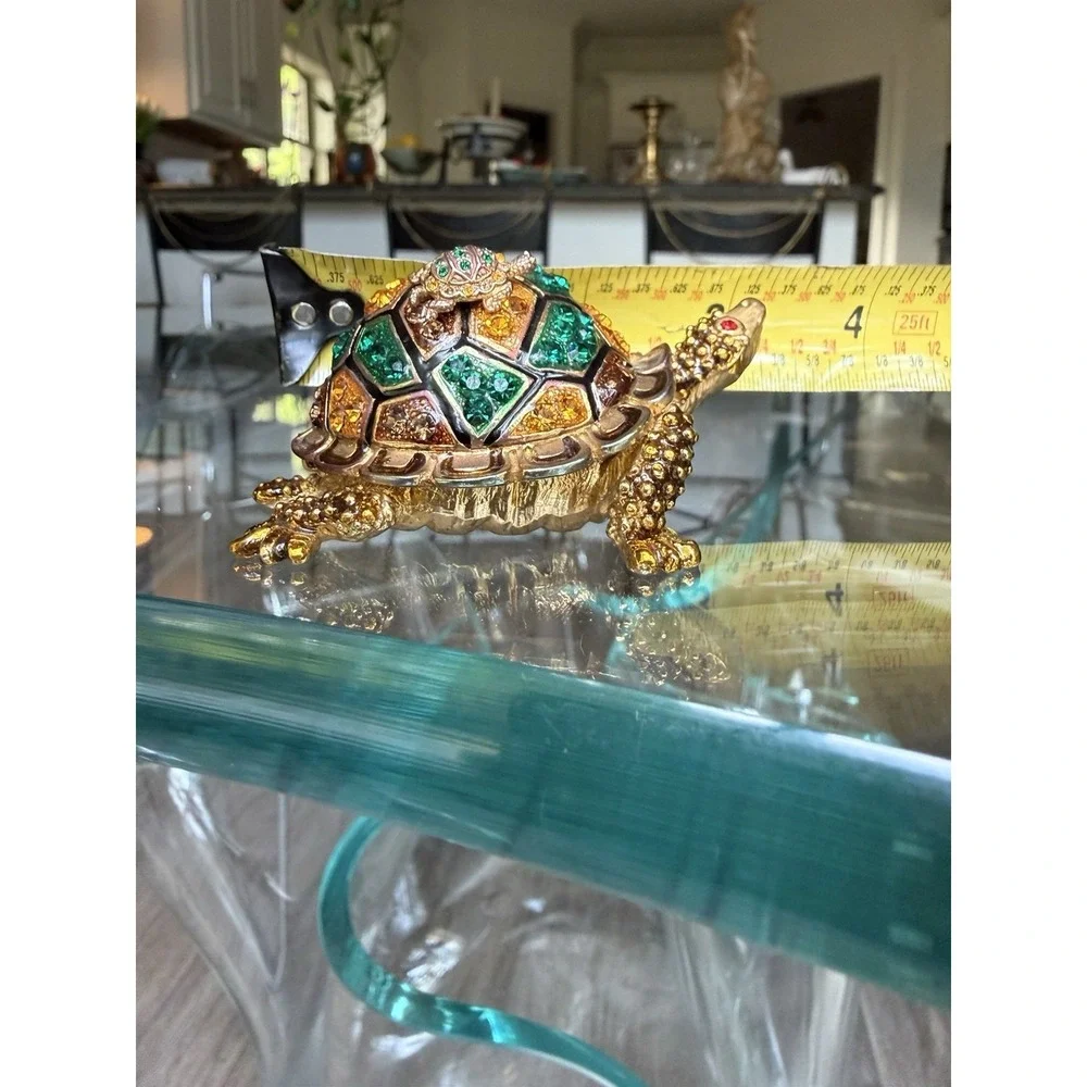Jeweled Enamel Turtle Trinket Box Hinged Magnetic Pill Box Rhinestone Gold Tone